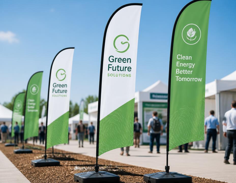 Wind banners modernos em feira apoiados na Eco Base